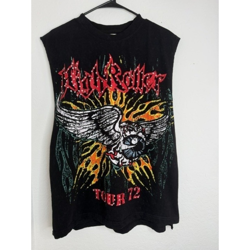 FWRD Denim NY High Roller Tour 72 Rhinestone Graphic Muscle Tee Black Medium